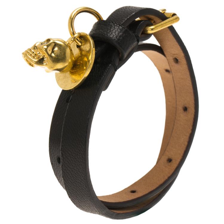 Pre Owned Alexander McQueen Black Leather Gold Tone Skull Charm Double Wrap Bracelet