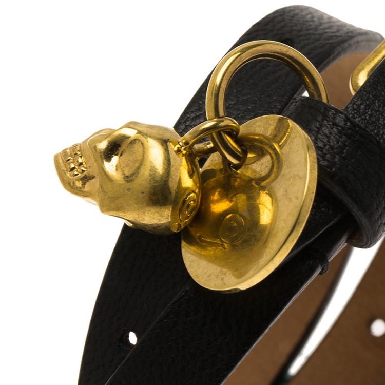 Pre Owned Alexander McQueen Black Leather Gold Tone Skull Charm Double Wrap Bracelet