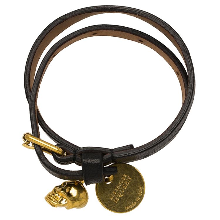 Pre Owned Alexander McQueen Black Leather Gold Tone Skull Charm Double Wrap Bracelet