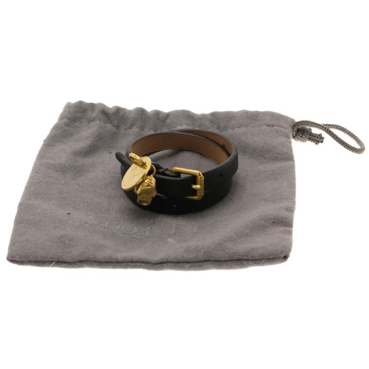 Pre Owned Alexander McQueen Black Leather Gold Tone Skull Charm Double Wrap Bracelet