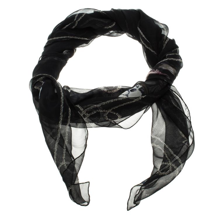 Pre Owned Alexander McQueen Black Printed Silk Chiffon Square Scarf