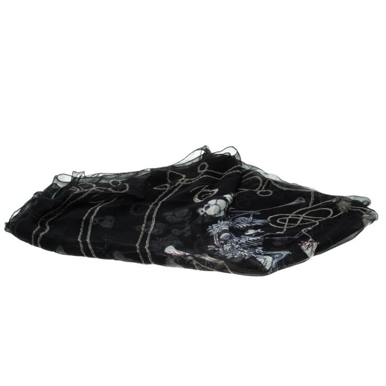 Pre Owned Alexander McQueen Black Printed Silk Chiffon Square Scarf