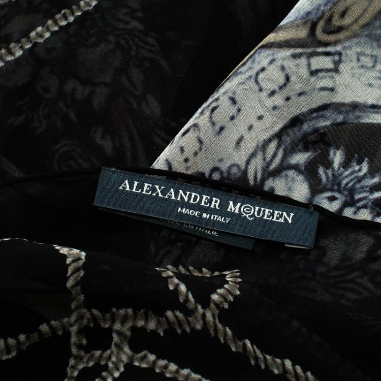 Pre Owned Alexander McQueen Black Printed Silk Chiffon Square Scarf