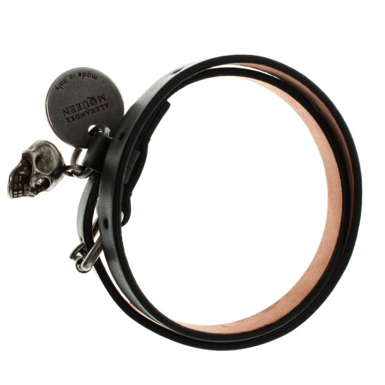 Pre Owned Alexander McQueen Skull Black Leather Double Wrap Bracelet