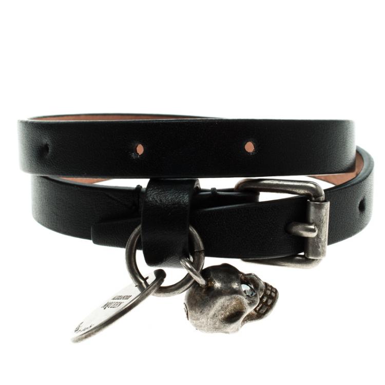 Pre Owned Alexander McQueen Skull Black Leather Double Wrap Bracelet