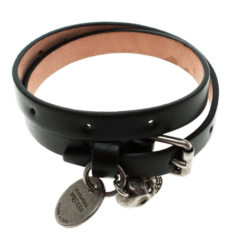 Pre Owned Alexander McQueen Skull Black Leather Double Wrap Bracelet