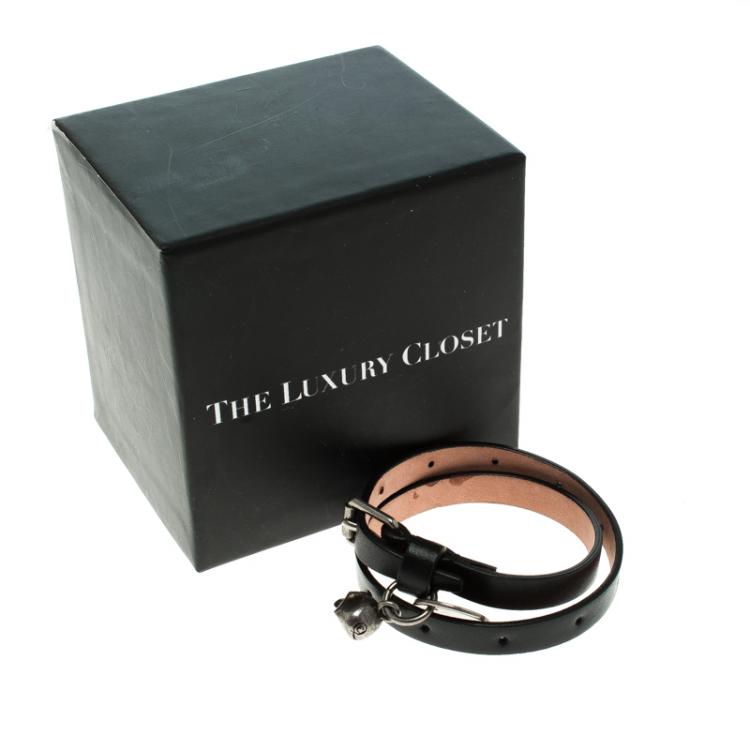 Pre Owned Alexander McQueen Skull Black Leather Double Wrap Bracelet