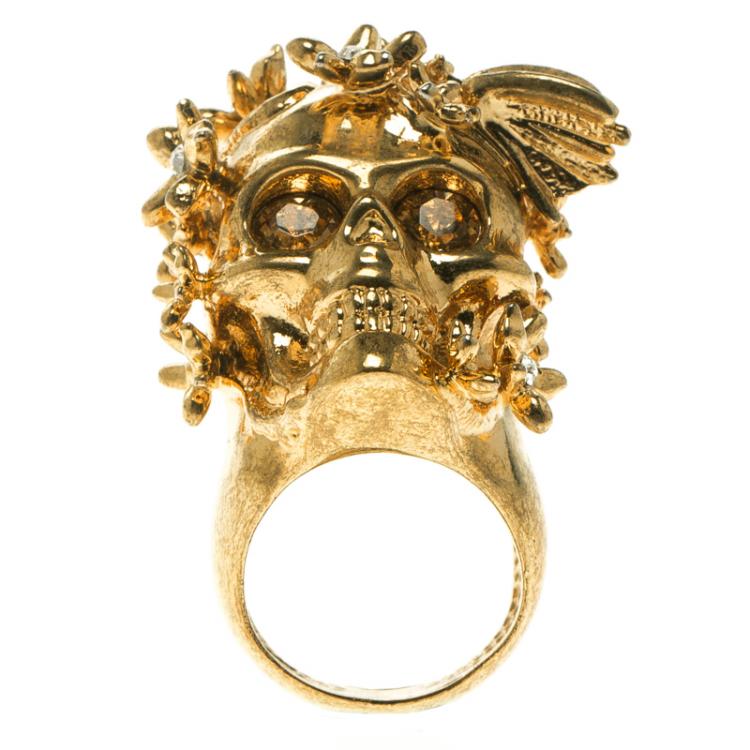 Pre Owned Alexander McQueen Butterfly and Flower Gold Tone Skull Ring Size 50