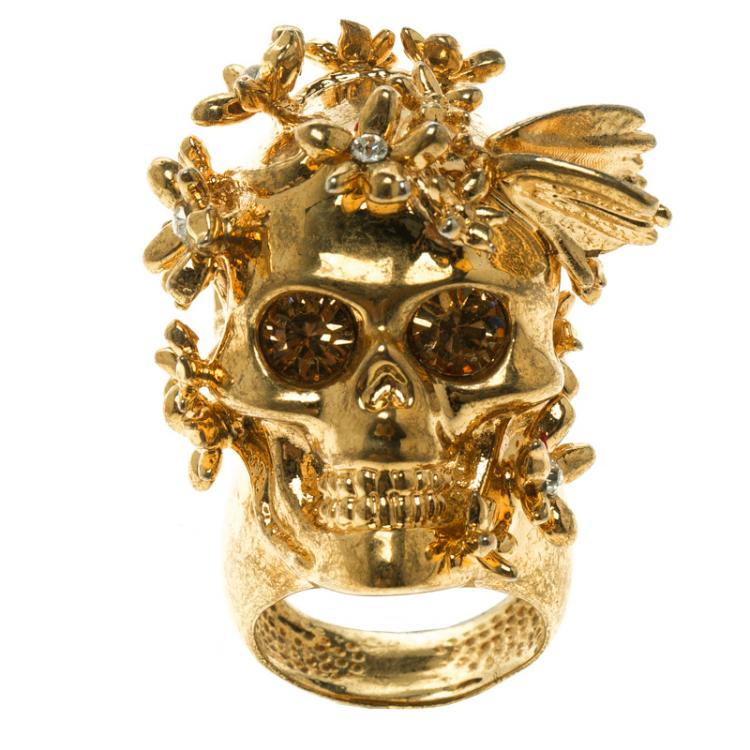 Pre Owned Alexander McQueen Butterfly and Flower Gold Tone Skull Ring Size 50