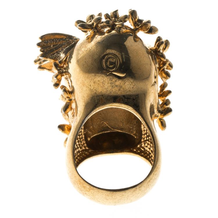 Pre Owned Alexander McQueen Butterfly and Flower Gold Tone Skull Ring Size 50
