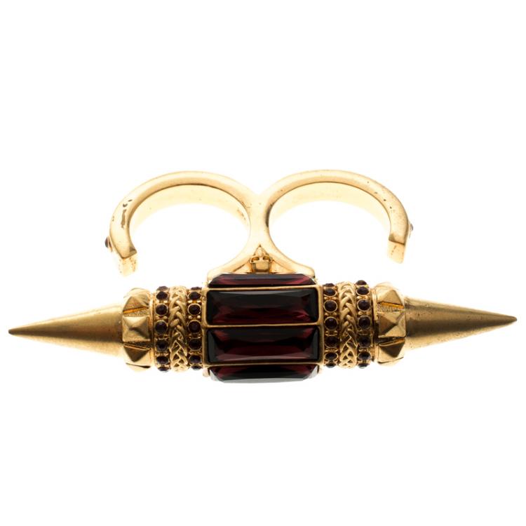 Pre Owned Alexander Mcqueen Crystal Spike Gold Tone Two Finger Ring Size 56