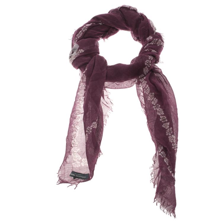 Pre Owned Alexander McQueen Purple Rose Skull Printed Gauze Stole 