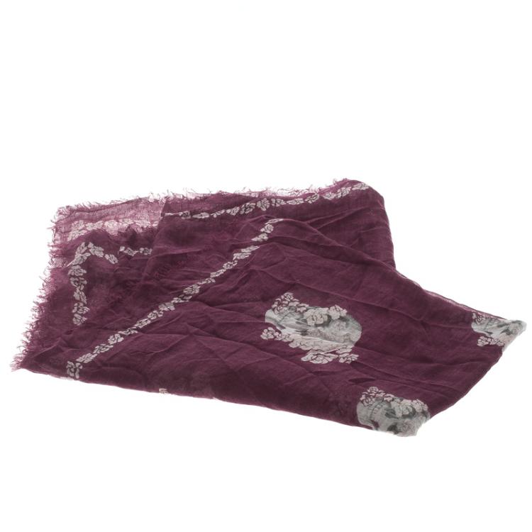 Pre Owned Alexander McQueen Purple Rose Skull Printed Gauze Stole 