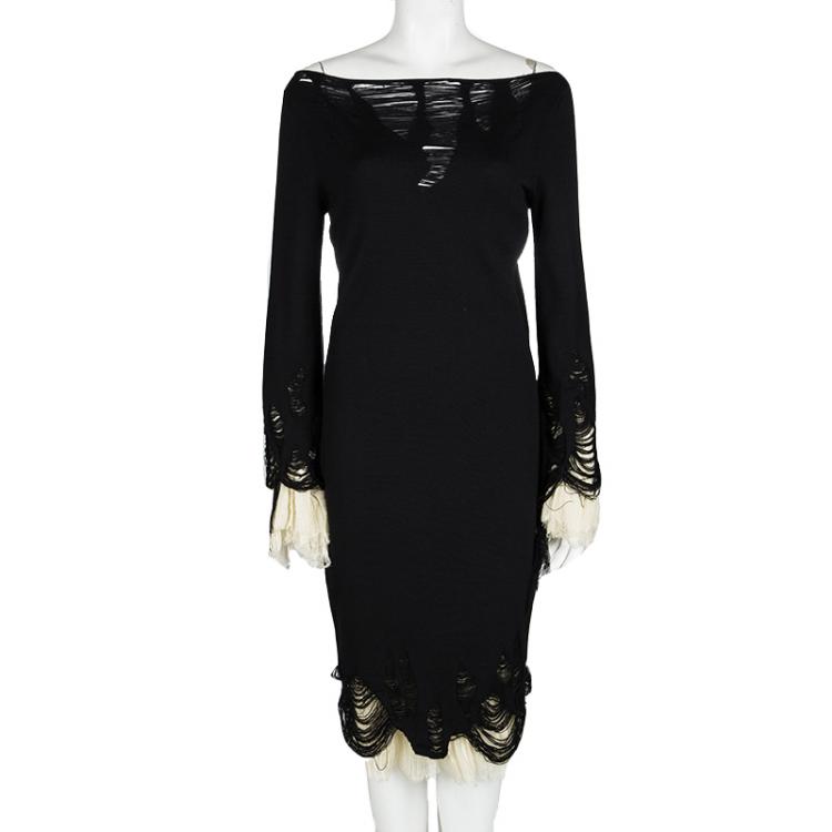 Pre Owned Alexander McQueen Black Wool Plisse Underlay Distressed Dress L