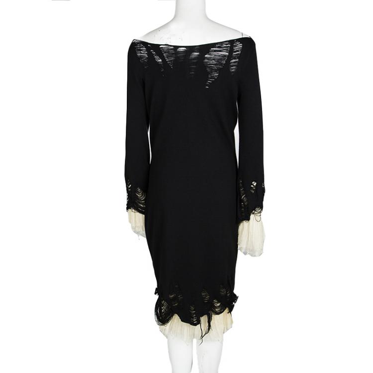 Pre Owned Alexander McQueen Black Wool Plisse Underlay Distressed Dress L