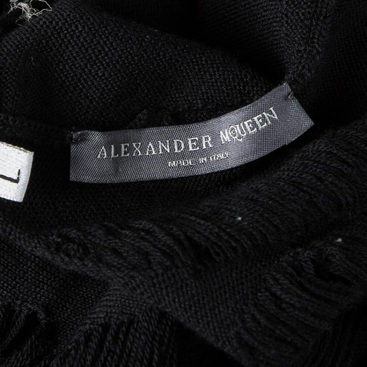 Pre Owned Alexander McQueen Black Wool Plisse Underlay Distressed Dress L