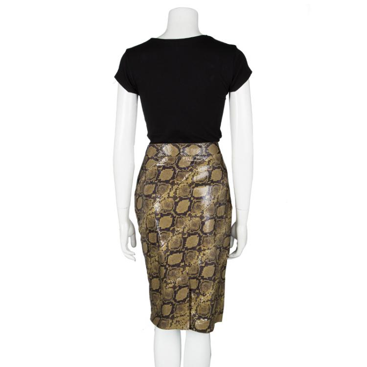 Pre Owned Alexander McQueen Mustard Brown Snakeskin Pattern Patent Leather Pencil Skirt M