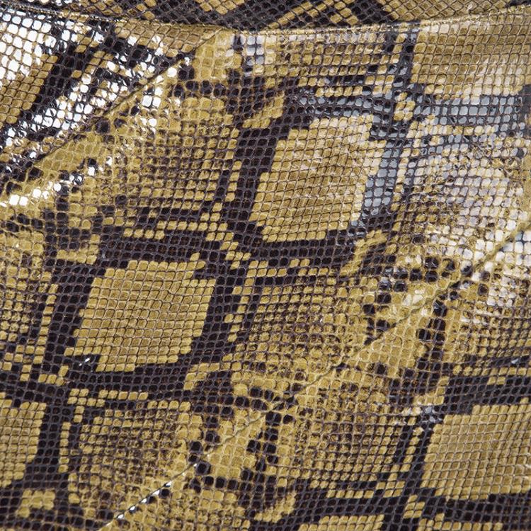 Pre Owned Alexander McQueen Mustard Brown Snakeskin Pattern Patent Leather Pencil Skirt M