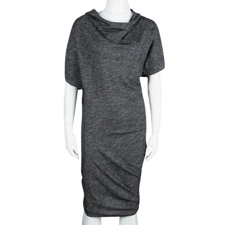 Pre Owned Alexander McQueen Grey Marled Knit Draped Asymmetric Dress S 