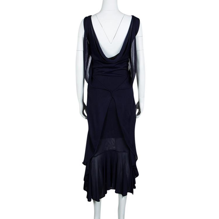Pre Owned Alexander McQueen Navy Blue Knit Draped Back Ruffle Bottom Dress S