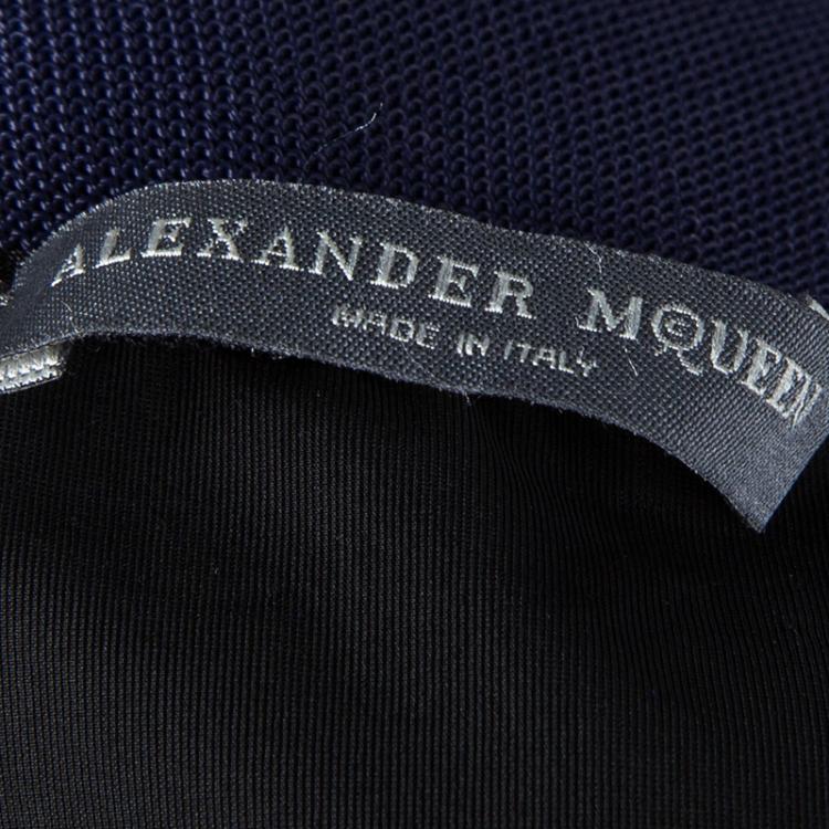 Pre Owned Alexander McQueen Navy Blue Knit Draped Back Ruffle Bottom Dress S
