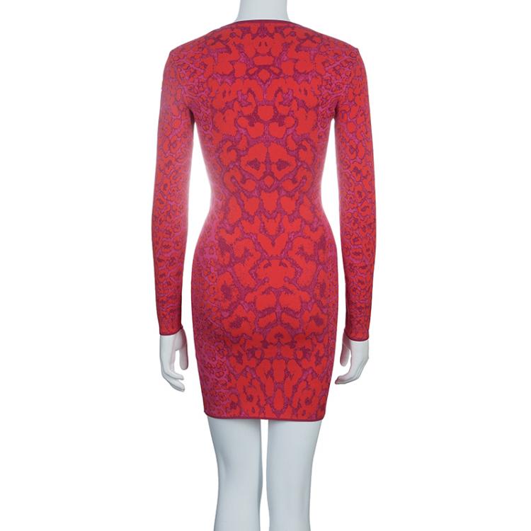 Pre Owned Alexander McQueen Pink and Red Leopard Print Pencil Dress XS