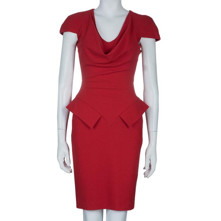 Pre Owned Alexander McQueen Red Cowl Neck Cap Sleeve Dress XS