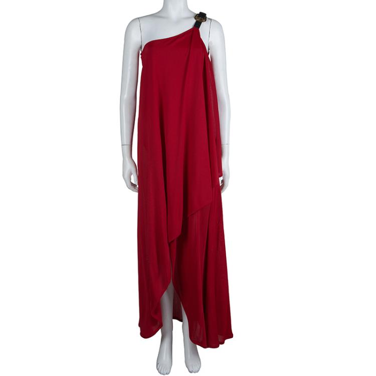 Pre Owned Alexander McQueen Red One Shoulder Buckle Detail Dress S