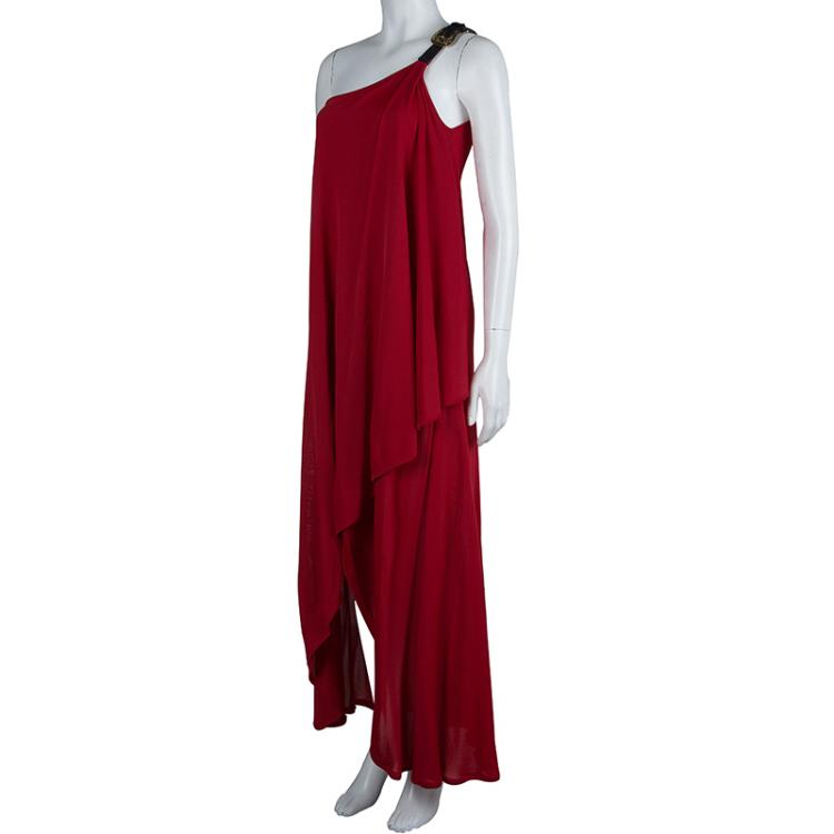 Pre Owned Alexander McQueen Red One Shoulder Buckle Detail Dress S