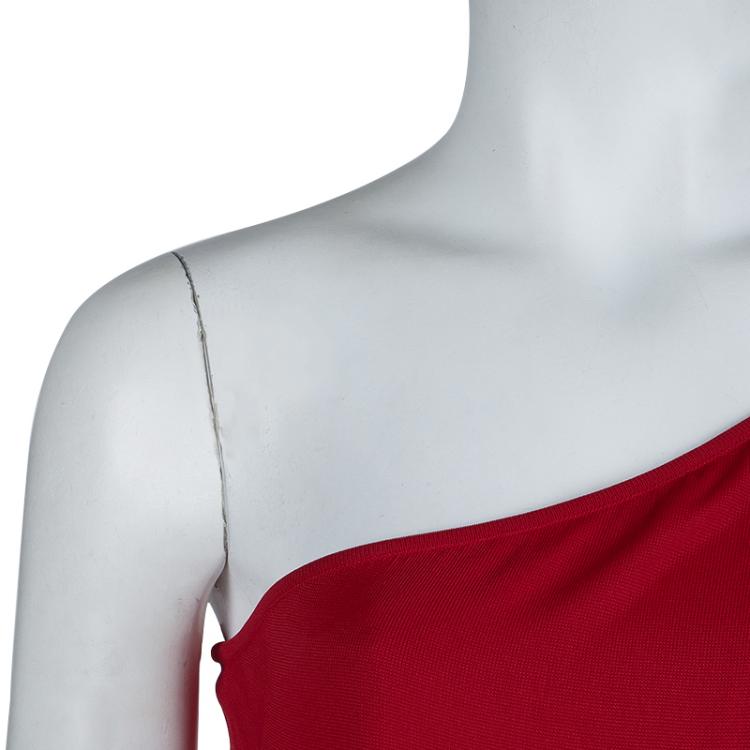 Pre Owned Alexander McQueen Red One Shoulder Buckle Detail Dress S