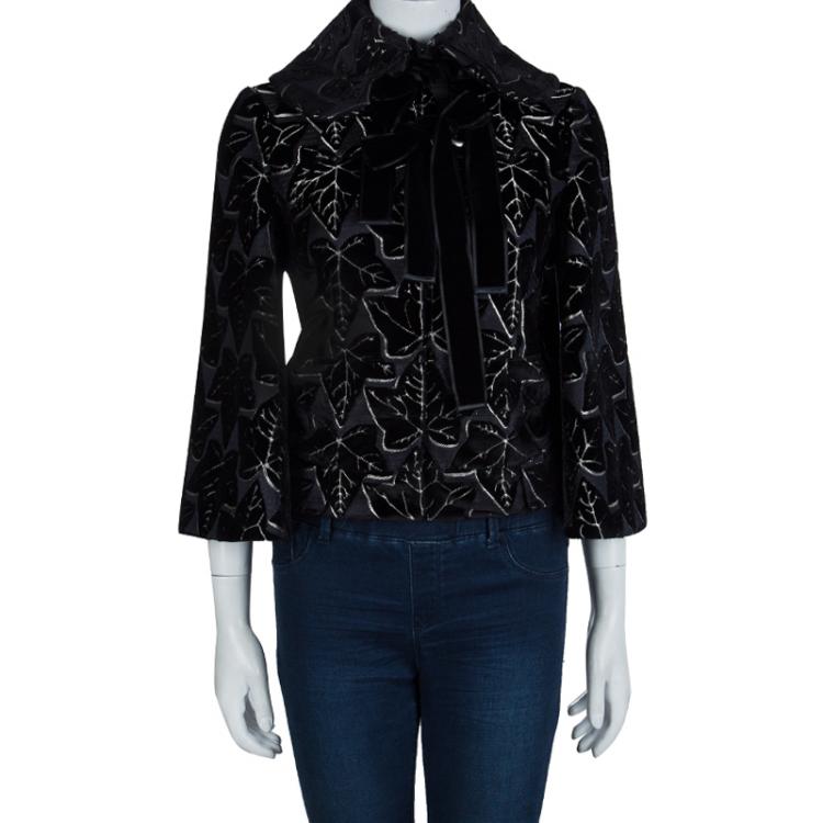 Pre Owned Alexander McQueen Black Leaf Print Embossed Velvet Jacket S