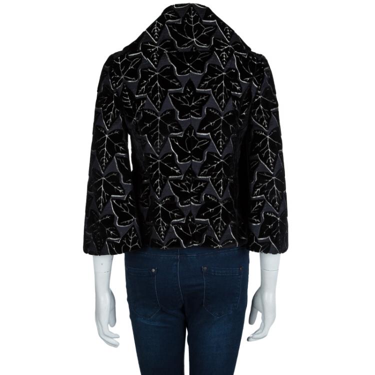 Pre Owned Alexander McQueen Black Leaf Print Embossed Velvet Jacket S