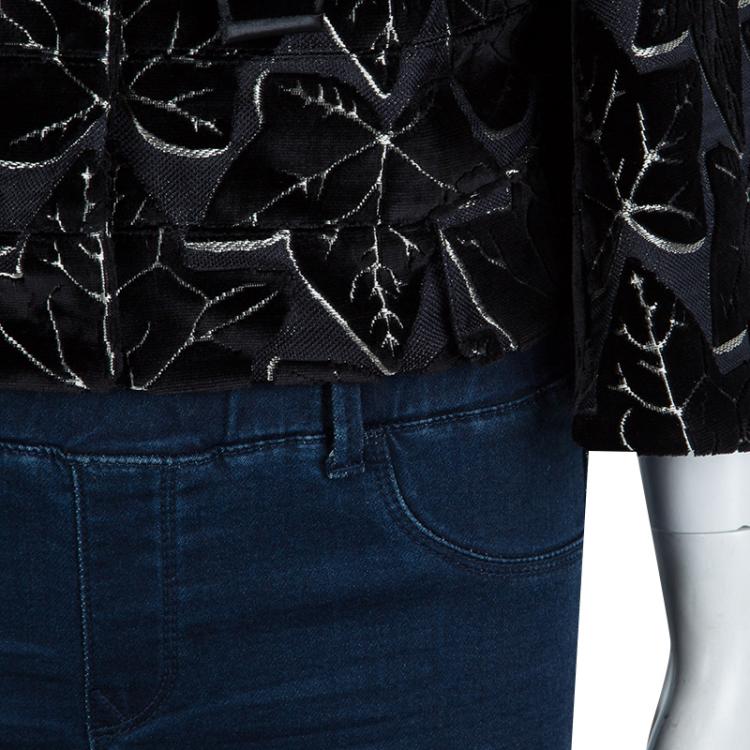 Pre Owned Alexander McQueen Black Leaf Print Embossed Velvet Jacket S