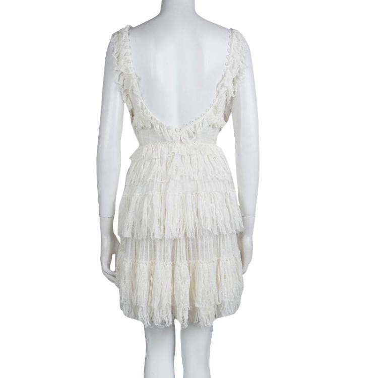 Pre Owned Alexander McQueen Cream Knit Ruffle Detail Tiered Sleeveless Dress XXS
