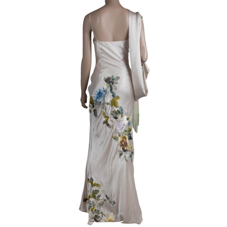 Pre Owned Alexander McQueen Beige Embroidered Silk One Shoulder Draped Sleeve Detail Gown S