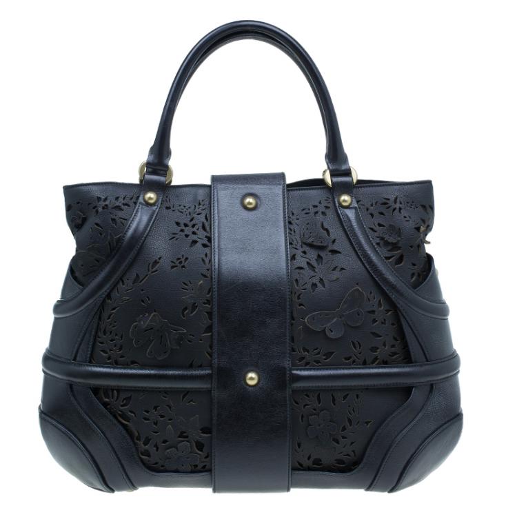 Pre Owned Alexander McQueen Black Leather Butterfly Perforated Novak Tote