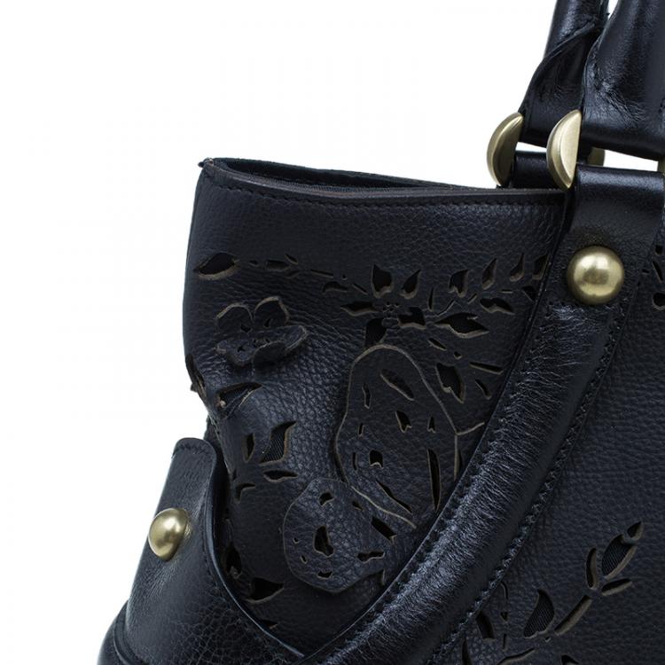 Pre Owned Alexander McQueen Black Leather Butterfly Perforated Novak Tote