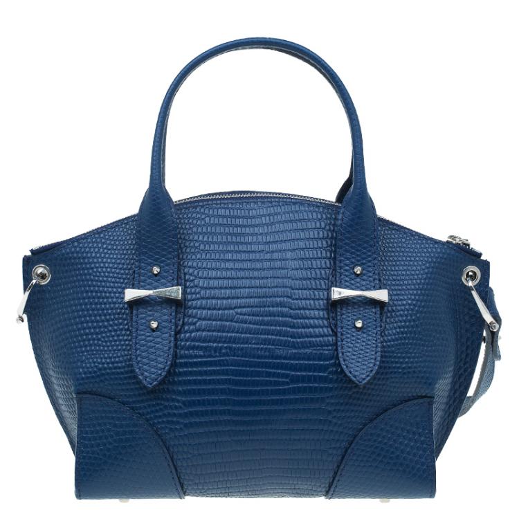 Pre Owned Alexander McQueen Blue Lizard Embossed Leather Small Legend Tote