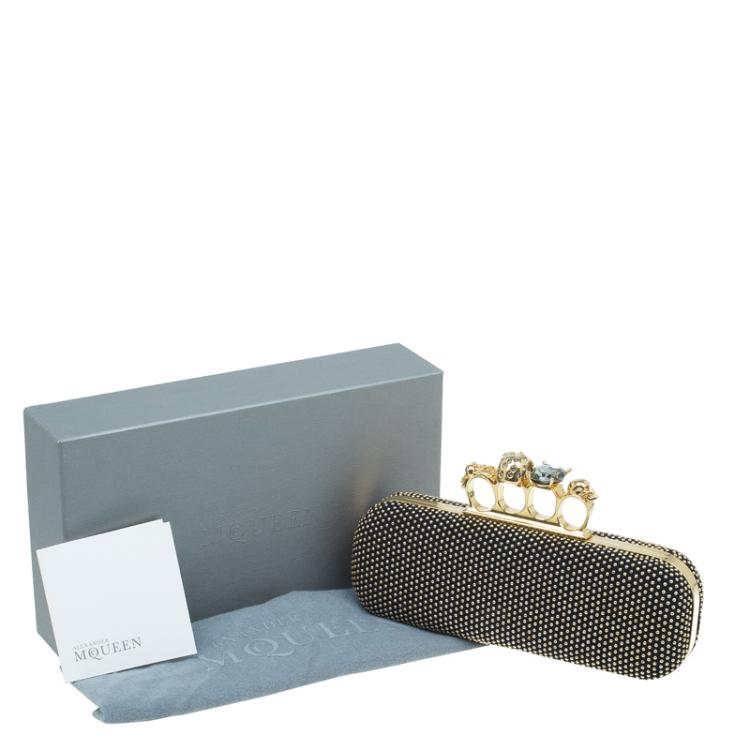Pre Owned Alexander McQueen Black Studded Suede Skull Knuckle Box Clutch