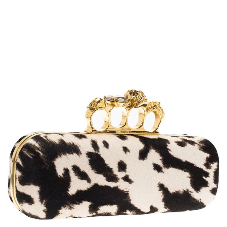 Pre Owned Alexander McQueen Black/White Calf Hair Skull Knuckle Box Clutch