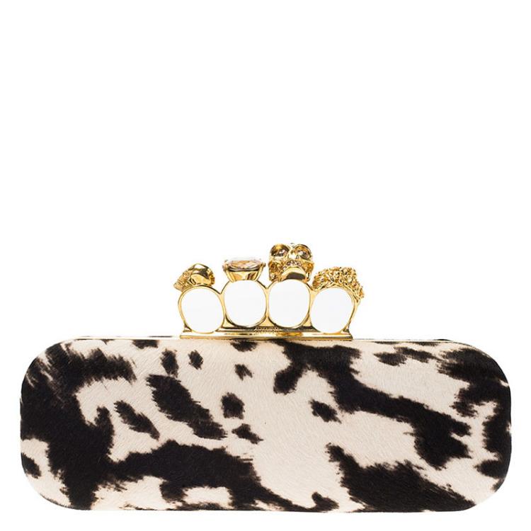 Pre Owned Alexander McQueen Black/White Calf Hair Skull Knuckle Box Clutch