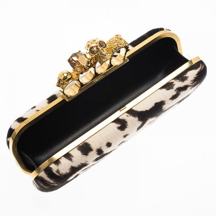 Pre Owned Alexander McQueen Black/White Calf Hair Skull Knuckle Box Clutch
