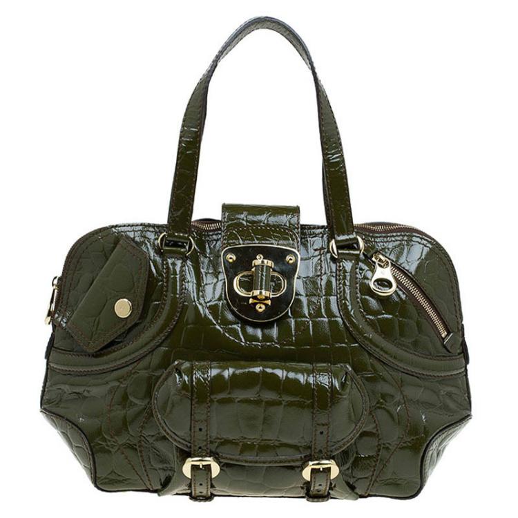Pre Owned Alexander Mcqueen Olive Green Crocodie Embossed Flapper Satchel