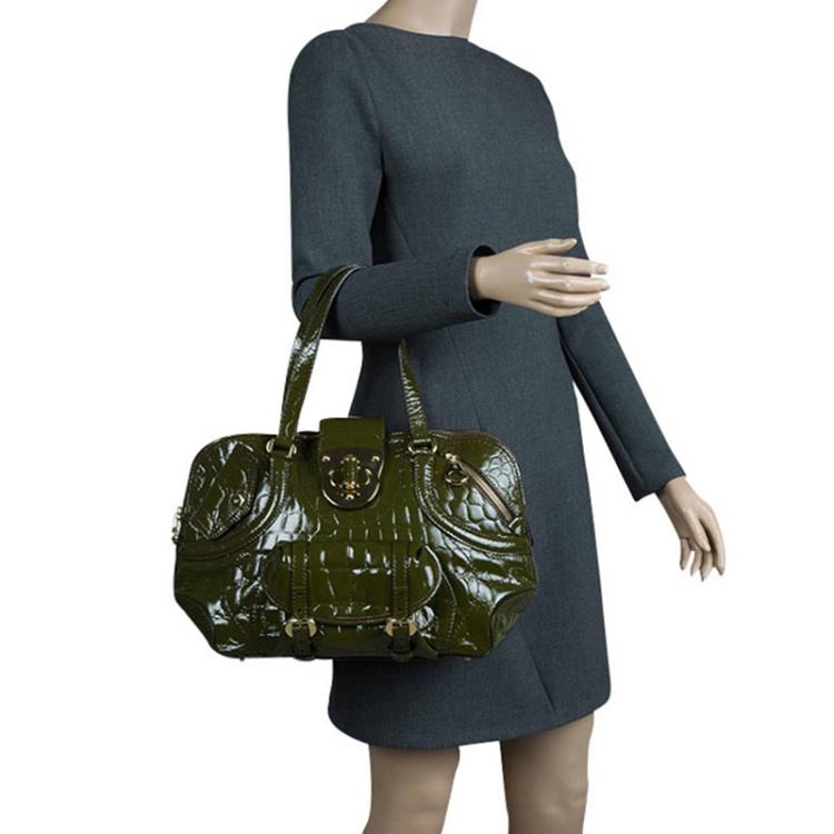 Pre Owned Alexander Mcqueen Olive Green Crocodie Embossed Flapper Satchel
