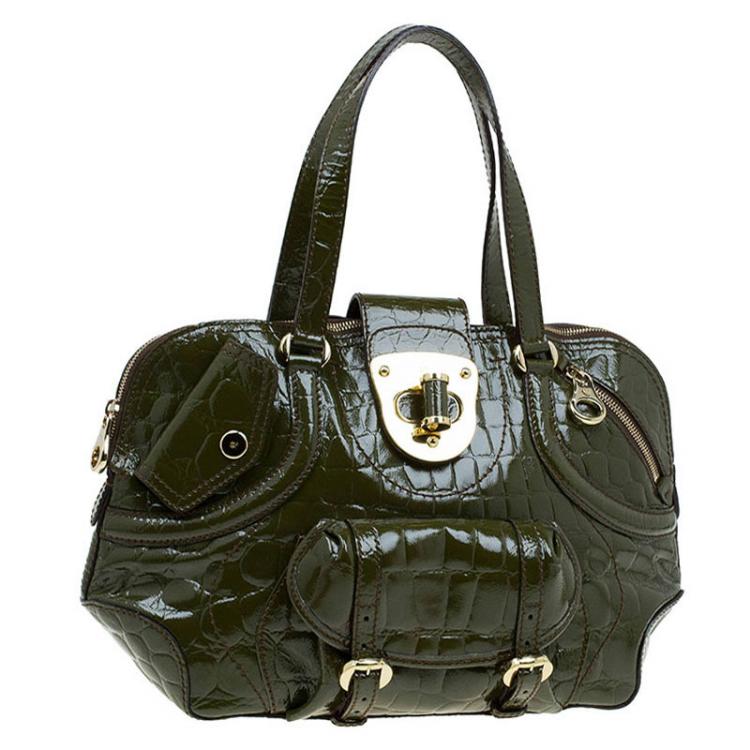 Pre Owned Alexander Mcqueen Olive Green Crocodie Embossed Flapper Satchel