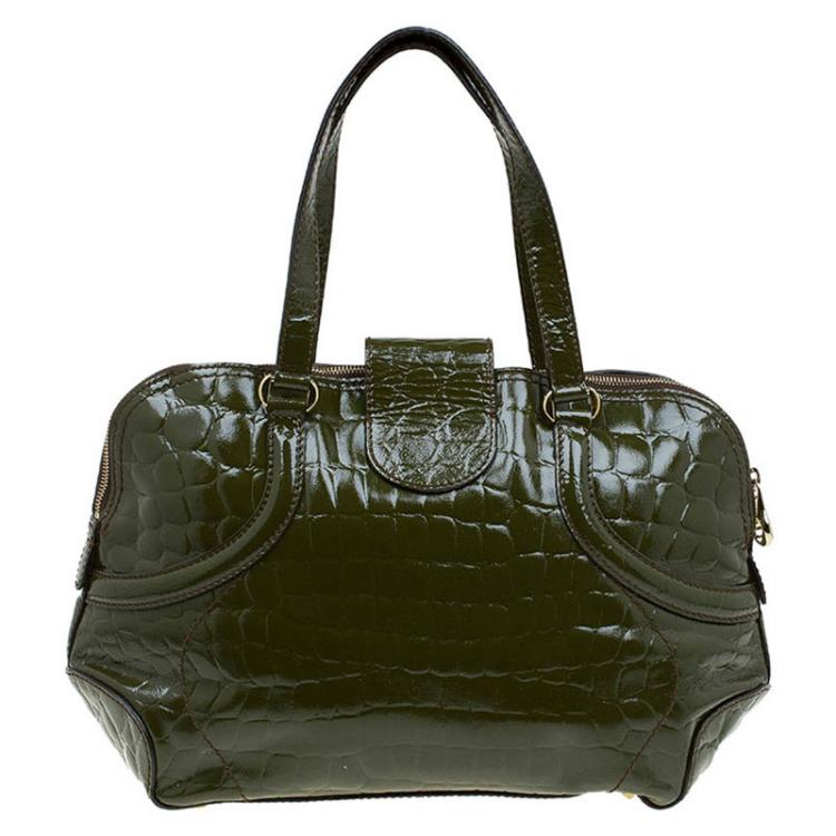 Pre Owned Alexander Mcqueen Olive Green Crocodie Embossed Flapper Satchel
