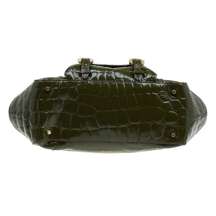Pre Owned Alexander Mcqueen Olive Green Crocodie Embossed Flapper Satchel