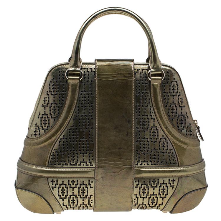 Pre Owned Alexander Mcqueen Gold Perforated Patent Leather Novak Satchel