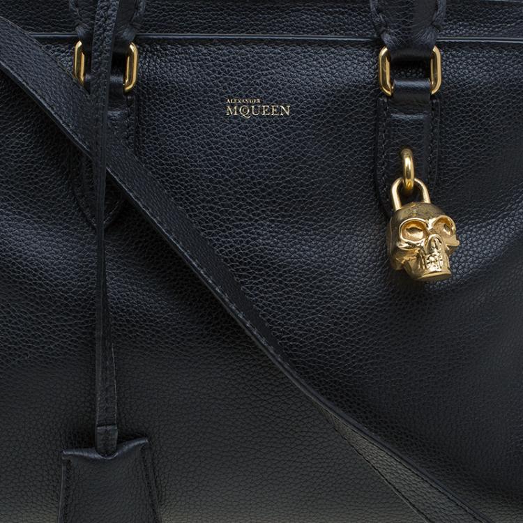 Pre Owned Alexander McQueen Black Grained Leather Padlock Tote