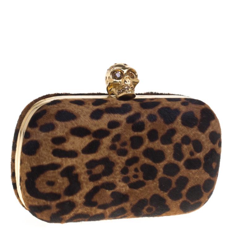 Pre Owned Alexander McQueen Leopard Print Calf Hair Skull Box Clutch